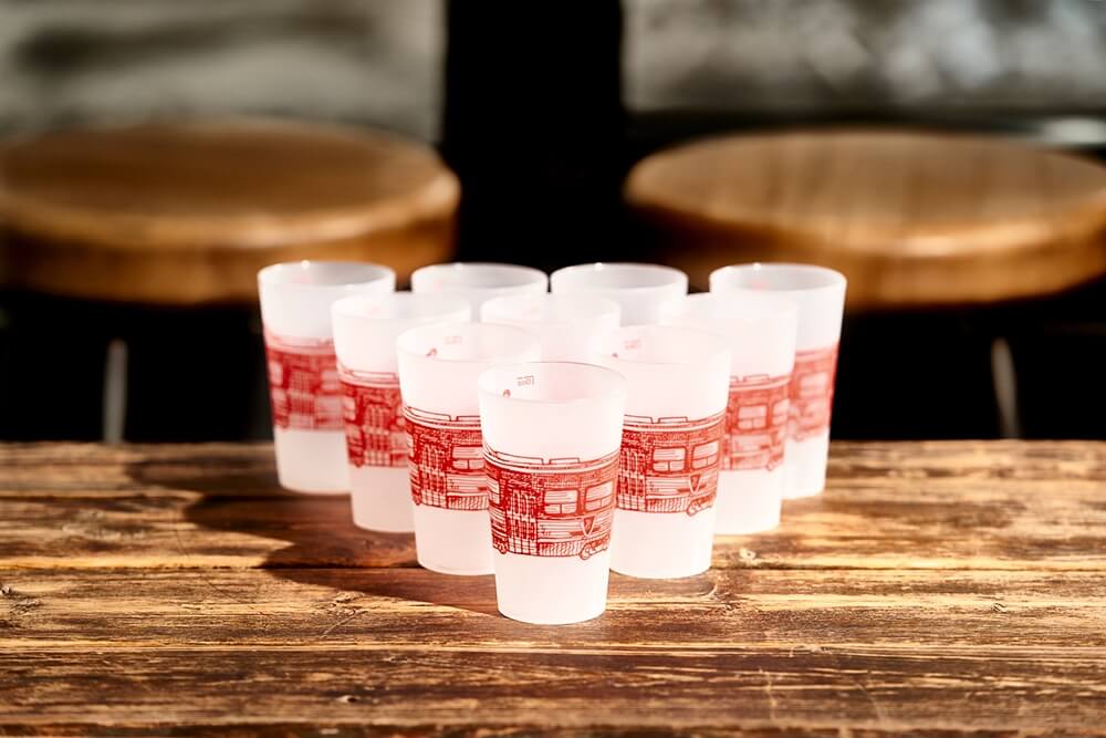 Printed cups arranged for party games